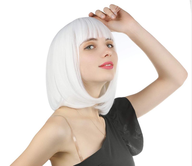 eNilecor Short Bob Hair Wigs 12" Straight with Flat Bangs Synthetic Colorful Cosplay Daily Party Wig for Women Natural As Real Hair+ Free Wig Cap (White) - Image 2